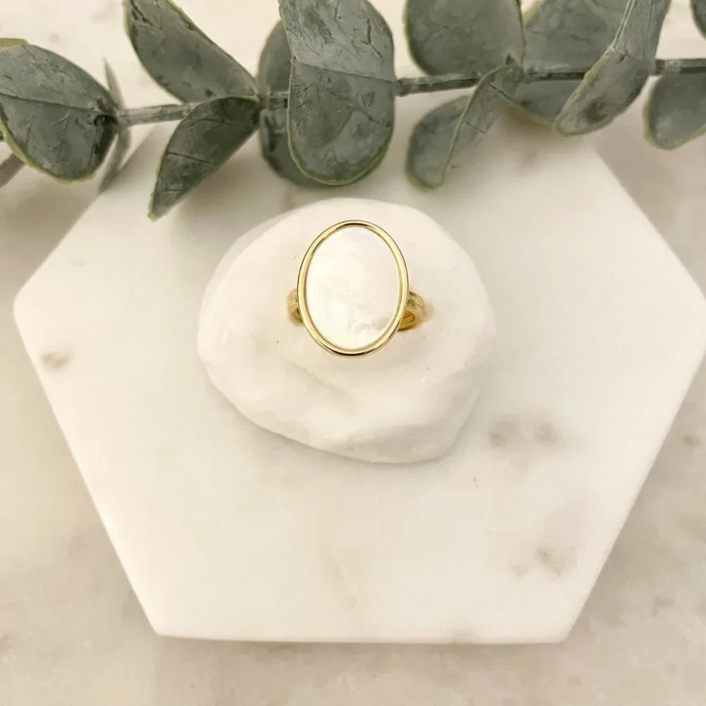 925 Sterling Silver Mother of Pearl Gold Statement Ring Chunky Bold Ring - Picture 2 of 6